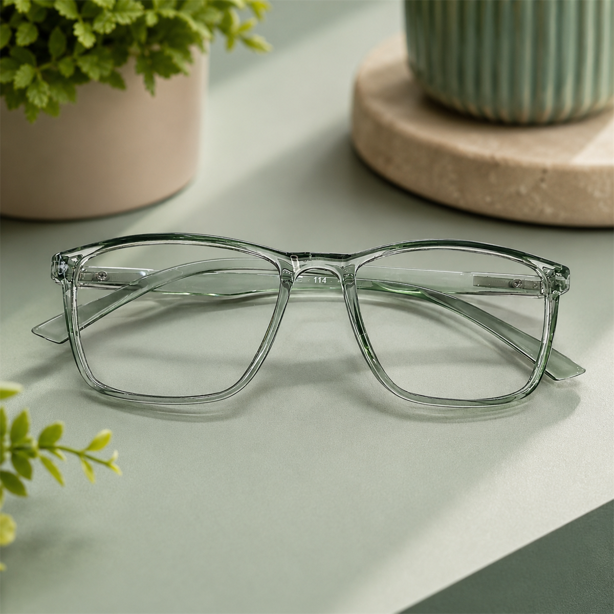 Transparent Sage Green Square Eyeglass Frame