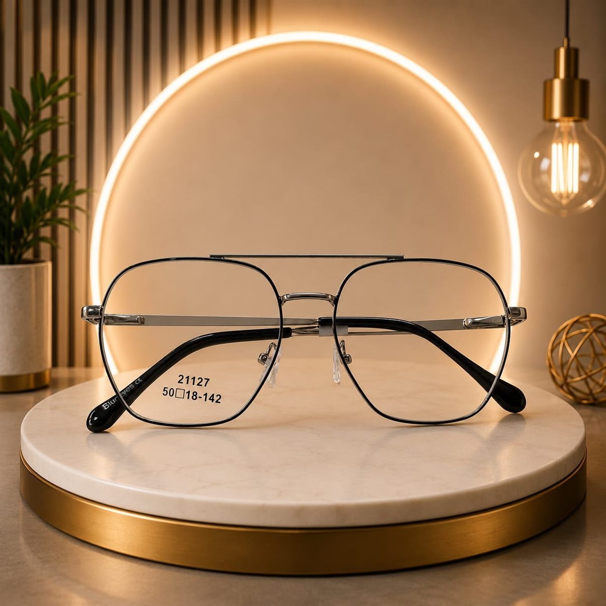 Premium Black Silver Geometric Metal Eyeglass Frame 21127